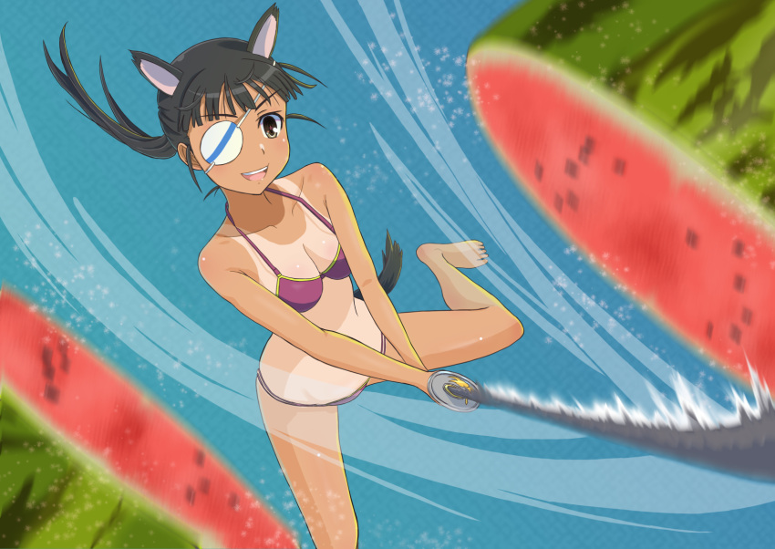 1girl animal_ears bikini black_hair blush breasts brown_eyes cleavage dog_ears dog_tail eyepatch food fruit highres katana keicha_(kmoekaki) large_breasts long_hair open_mouth ponytail purple_bikini sakamoto_mio smile solo strike_witches swimsuit sword tail tan tanlines watermelon weapon world_witches_series