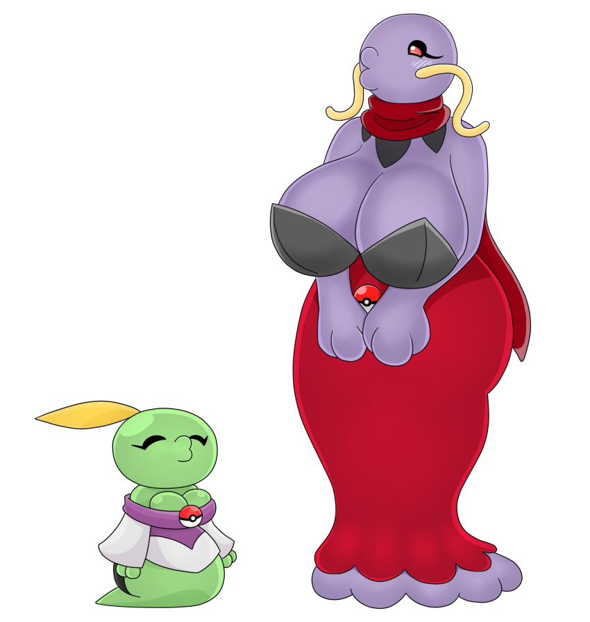 absurd_res anthro big_breasts breasts clothing dress duo eyes_closed facial_hair feathers female generation_3_pokemon green_body gulpin hi_res huge_breasts mustache nintendo pokeball pokemon pokemon_(species) purple_body red_clothing red_dress red_eyes scarf simple_background slime swalot tunic urusee584 white_background