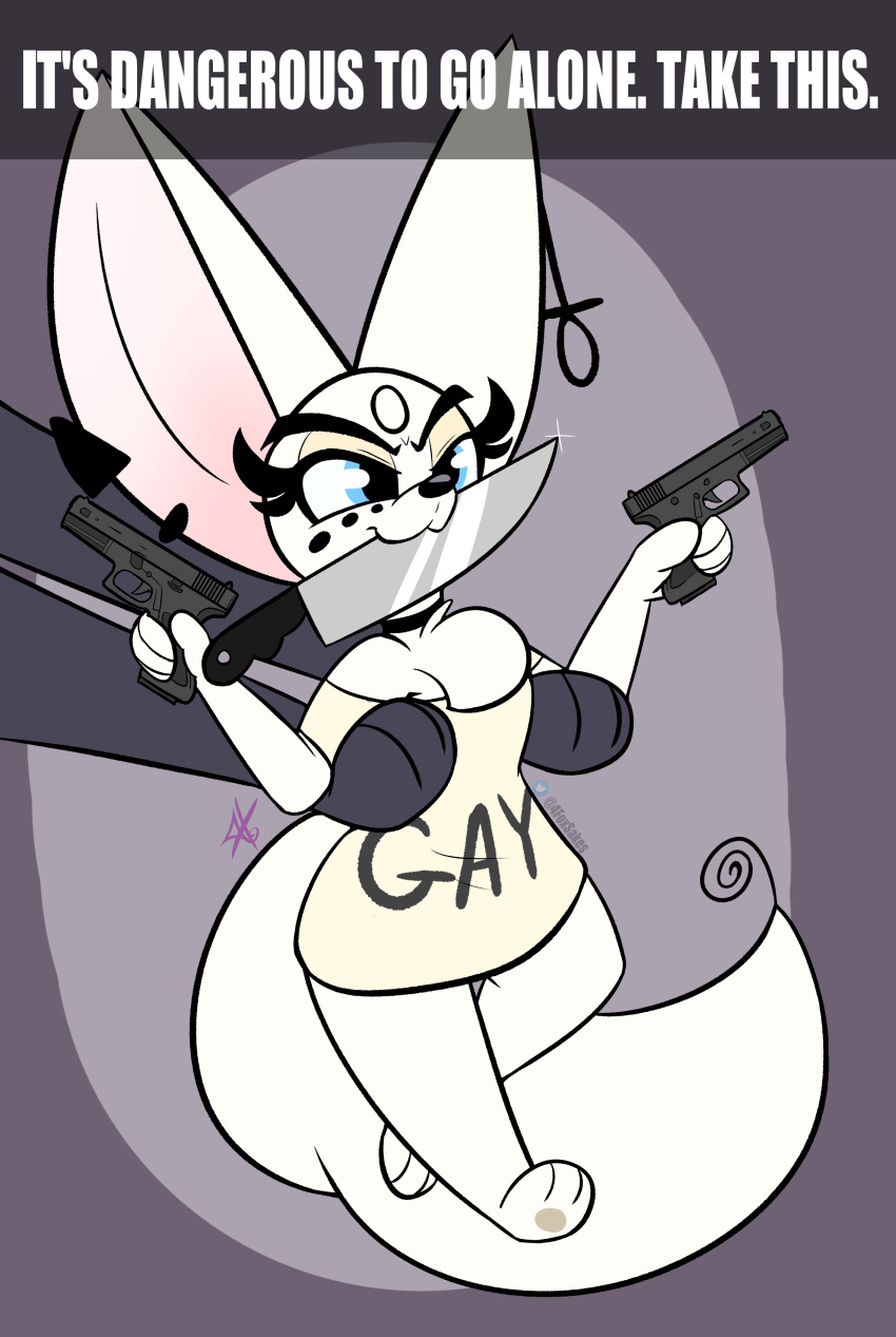 2022 absurd_res anthro biped black_eyebrows black_eyelashes blue_eyes canid canine clothed clothing digital_drawing_(artwork) digital_media_(artwork) dress duo english_text eyebrows eyelashes female fennec fluffy fluffy_tail fox fully_clothed fur gun handgun hi_res holding_character holding_gun holding_object holding_weapon it's_dangerous_to_go_alone knife mammal meme monotone_body monotone_fur pawzzypawzbourne pistol ranged_weapon signature solo_focus tail text toony weapon white_body white_fur