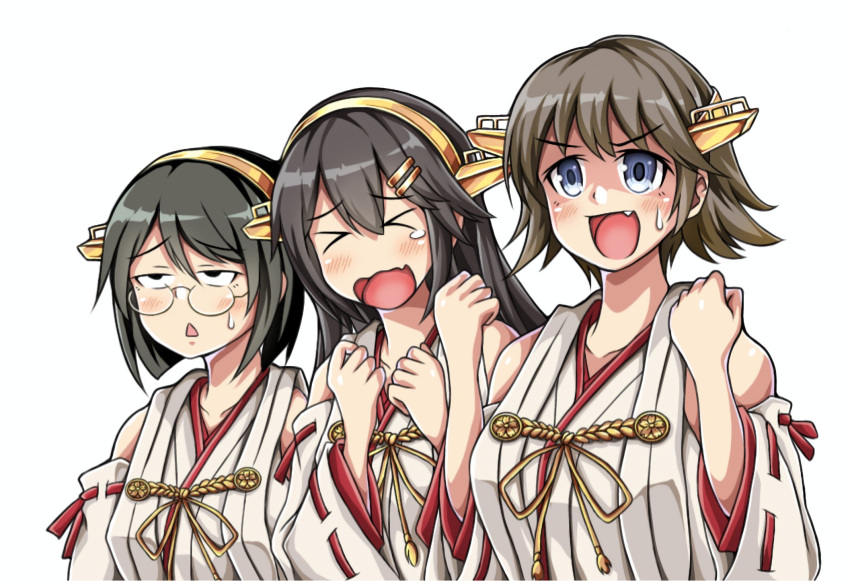 &gt;_&lt; black_hair clenched_hands detached_sleeves expressions fang flipped_hair glasses haruna_(kancolle) headgear hiei_(kancolle) highres kantai_collection kirishima_(kancolle) koutetunamekuji nontraditional_miko purple_eyes ribbon-trimmed_sleeves ribbon_trim simple_background skin_fang smile tears triangle_mouth upper_body white_background