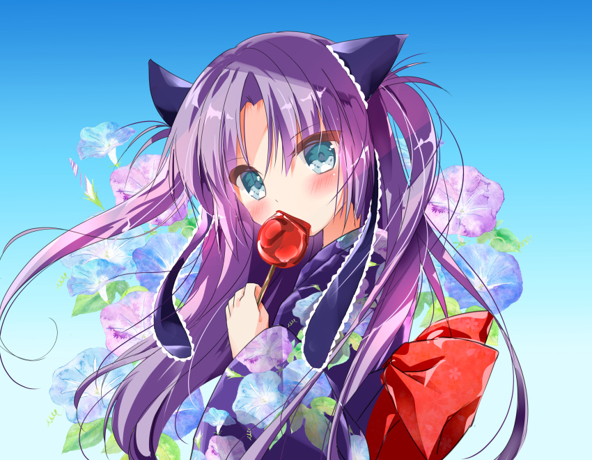 1girl absurdres aqua_eyes asahina_yori back_bow blue_background blue_ribbon blush bow candy candy_apple commentary covering_mouth eyes_visible_through_hair floating_hair floral_background floral_print food frilled_ribbon frills hair_ribbon head_tilt highres holding holding_candy holding_food japanese_clothes kimono little_busters! long_hair long_sleeves looking_at_viewer parted_bangs purple_hair purple_kimono red_bow ribbon sasasegawa_sasami simple_background solo symbol-only_commentary two_side_up upper_body very_long_hair wide_sleeves yukata