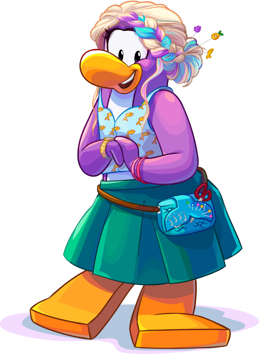 accessory avian bird blonde_hair blue_bag blue_clothing blue_hair blue_shirt blue_topwear bottomwear bracelet clothing club_penguin dot_(club_penguin) female fish_print full-length_portrait hair hair_accessory hi_res jewelry looking_at_viewer multicolored_hair official_art open_mouth penguin portrait print_clothing print_shirt print_topwear purple_hair shirt skirt sleeveless_shirt solo teal_skirt topwear unknown_artist upper_teeth upper_teeth_only