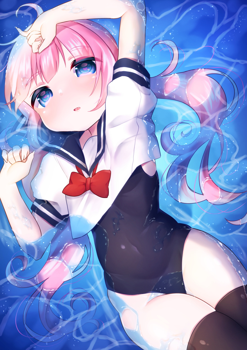 1girl absurdres arm_up black_one-piece_swimsuit black_sailor_collar black_thighhighs blue_eyes bow bowtie chiitamu commentary_request covered_navel highres long_hair looking_at_viewer low_twintails one-piece_swimsuit original parted_lips partially_submerged pink_hair puffy_short_sleeves puffy_sleeves red_bow red_bowtie sailor_collar school_uniform serafuku shirt short_sleeves solo swimsuit swimsuit_under_clothes thick_eyebrows thighhighs twintails very_long_hair water white_shirt