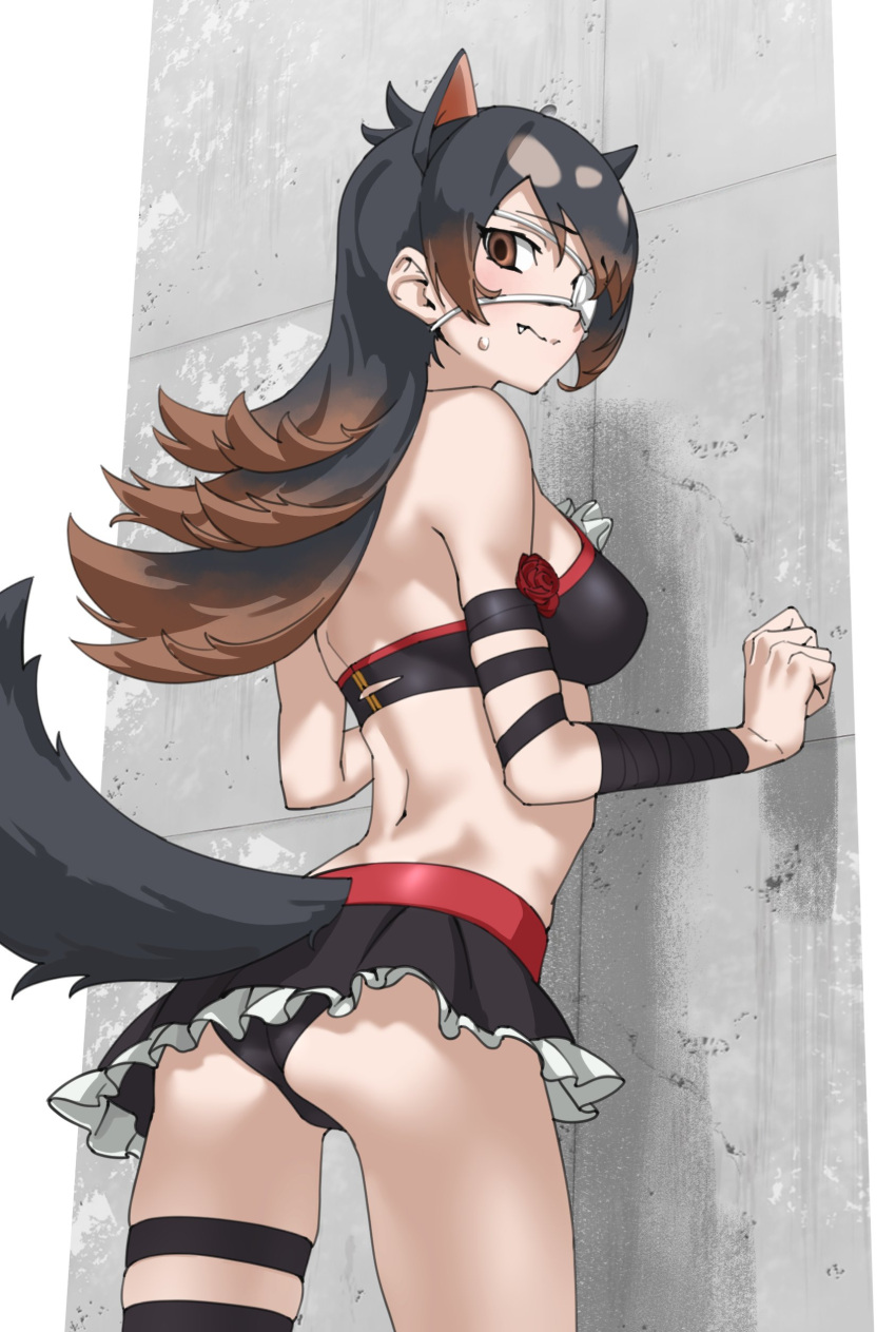 1girl absurdres ass australian_devil_(kemono_friends) bare_shoulders bikini bikini_skirt black_bikini black_hair breasts brown_eyes brown_hair commentary cowboy_shot empty_eyes extra_ears eyepatch fang fang_out flipped_hair flower from_behind gradient_hair highres kemono_friends looking_at_viewer medical_eyepatch medium_breasts multicolored_hair one_eye_covered red_flower red_rose rose solo swimsuit tail tail_through_clothes tanabe_(fueisei) tasmanian_devil_ears tasmanian_devil_tail thigh_strap wrist_wrap