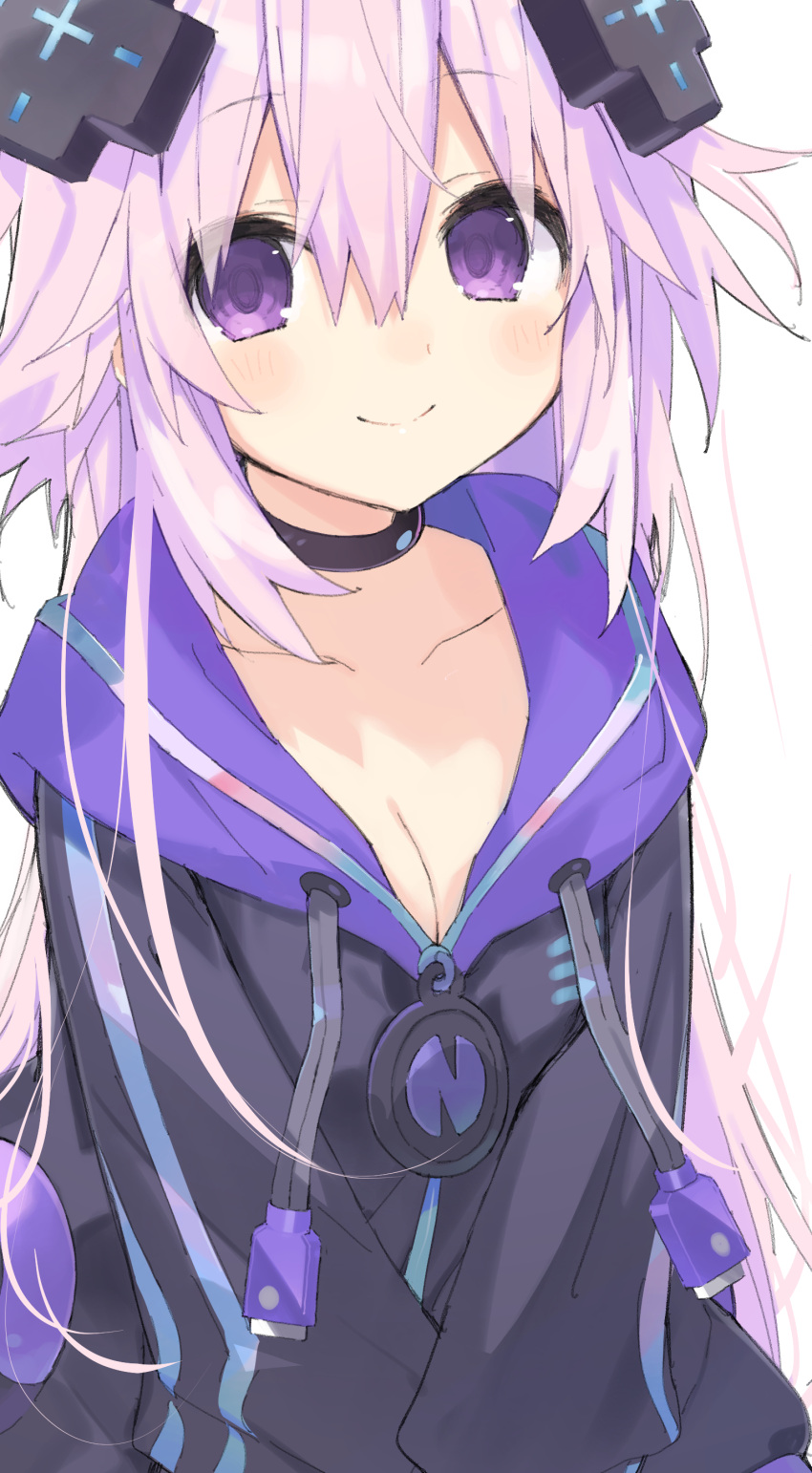 1girl absurdres adult_neptune black_choker black_jacket blush breasts buran_buta choker choujigen_game_neptune cleavage closed_mouth commentary_request d-pad d-pad_hair_ornament hair_between_eyes hair_ornament highres jacket long_hair long_sleeves looking_at_viewer medium_breasts neptune_(series) pink_hair purple_eyes simple_background smile solo white_background