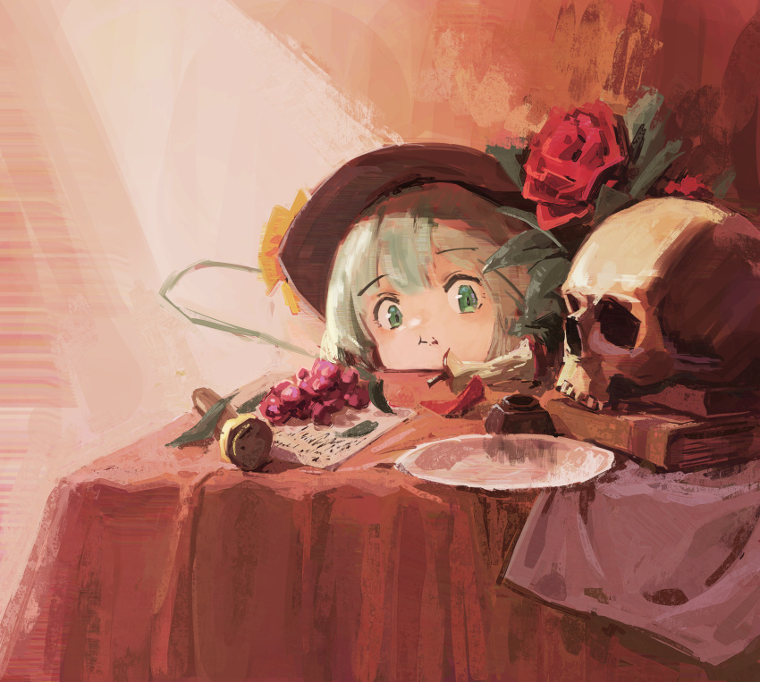 1girl :t absurdres apple apple_core black_headwear blush book book_stack bow closed_mouth commentary flower food food_on_face fruit grapes green_eyes green_hair hat hat_bow highres komeiji_koishi leaf looking_at_viewer nepperoni paper petals plate red_flower red_rose rose rose_petals short_hair skull solo table tablecloth touhou yellow_bow