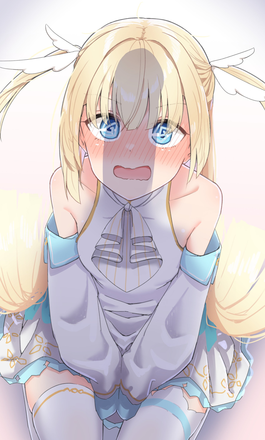 1girl @_@ absurdres ascot bare_shoulders blonde_hair blue_eyes blush commentary detached_sleeves dress embarrassed eyes_visible_through_hair frilled_dress frills full-face_blush hair_between_eyes highres long_hair long_sleeves looking_at_viewer nervous open_mouth penis_shadow seiza shirayuki_noa short_dress silver116 simple_background sitting sleeveless sleeveless_dress solo straight_hair tenshi_souzou thighhighs two_side_up upturned_eyes v_arms very_long_hair wavy_mouth white_ascot white_dress white_sleeves white_thighhighs wing_hair_ornament yellow_background zettai_ryouiki