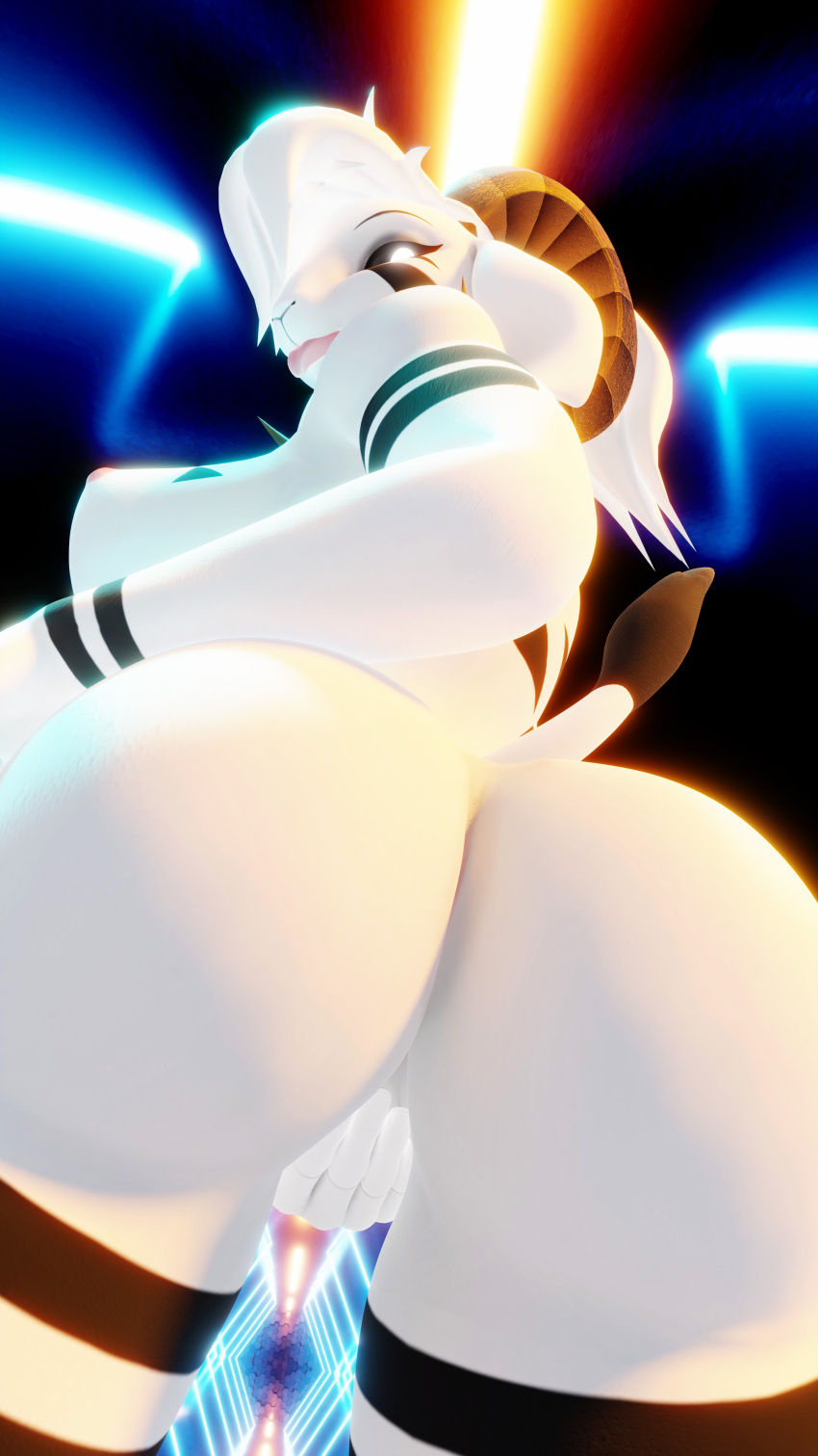 3d_(artwork) abstract_background absurd_res anthro asriel_dreemurr asriel_dreemurr_(god_form) big_breasts black_and_white_fur black_markings blender_(software) blender_cycles boss_monster bovid breasts butt caprine covering covering_crotch covering_pussy crossgender curled_horn digital_media_(artwork) female fever-dreamer floppy_ears fur glowing glowing_eyes goat hair hand_on_hip hi_res horn humanoid looking_at_viewer looking_back looking_down mammal markings multicolored_body multicolored_fur nipples ruminant smile smiling_at_viewer solo tail tongue tongue_out two_tone_body two_tone_fur undertale undertale_(series) warfare_machine white_body white_fur white_hair