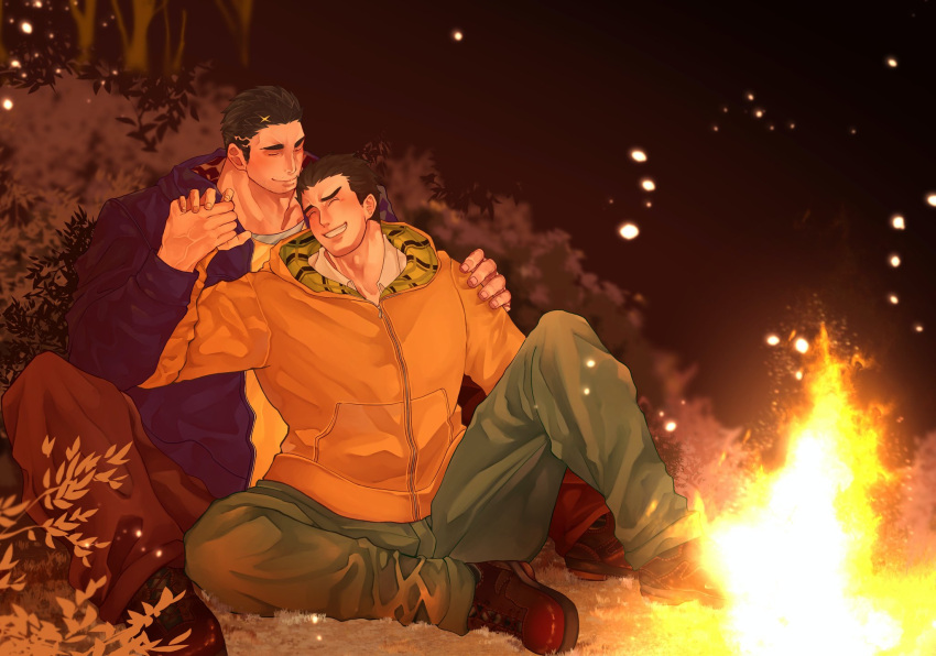 2boys ^_^ bara beard_stubble between_legs black_hair blush bush campfire camping closed_eyes commission couple forest full_body furrowed_brow green_pants hand_on_another's_shoulder highres holding_hands hood hood_down hooded_jacket itaru_(kidomh63) jacket knee_up long_sideburns male_focus mature_male multiple_boys muscular muscular_male mustache_stubble nature night night_sky pants protagonist_3_(housamo) second-party_source shoes short_hair sideburns sitting skeb_commission sky smile snow snowing tokyo_afterschool_summoners veins veiny_hands yaoi zabaniyya_(housamo)