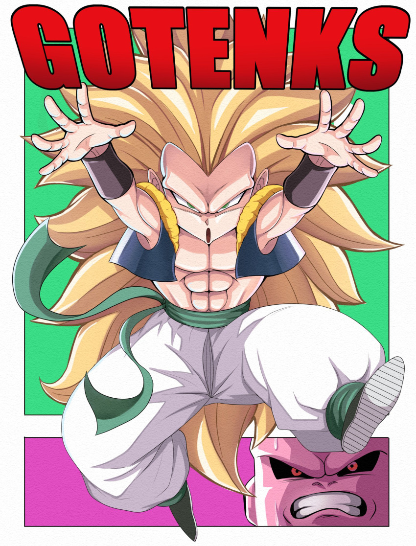 2boys abs act_(act_1113) arms_up baggy_pants black_sclera blonde_hair boots border bracer character_name clenched_teeth colored_sclera colored_skin commentary_request dragon_ball dragon_ball_z full_body gotenks green_background green_eyes green_footwear green_sash highres long_hair looking_at_viewer majin_buu male_focus metamoran_vest multiple_boys muscular muscular_male no_eyebrows open_clothes open_mouth open_vest outside_border pants pink_background pink_skin red_eyes sash simple_background spiked_hair super_buu super_saiyan super_saiyan_3 teeth v-shaped_eyebrows vest white_border white_pants