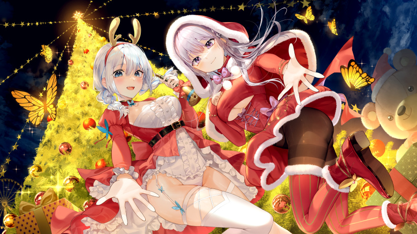 2girls a0lp bell blue_eyes boots bracelet braid breasts bug butterfly capelet christmas_tree cloud commentary_request corset earrings fur-trimmed_capelet fur-trimmed_legwear fur_trim garter_straps gift highres holding holding_bell jewelry korean_commentary leotard long_hair long_sleeves looking_at_viewer medium_hair multiple_girls night night_sky open_mouth original ornament outdoors outstretched_hand pantyhose purple_eyes purple_hair red_corset red_footwear red_thighhighs santa_capelet skirt sky stuffed_animal stuffed_toy teddy_bear thighhighs thighs twin_braids underboob white_corset white_leotard white_thighhighs