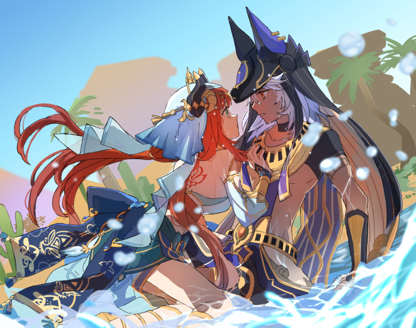 1boy 1girl animal_hat animal_hood aqua_eyes arabian_clothes back_tattoo black_choker blue_gemstone bracer breasts bridal_gauntlets cactus choker collarbone crop_top cyno_(genshin_impact) dark-skinned_male dark_skin desert detached_sleeves egyptian_clothes eye_contact fake_horns from_side gem genshin_impact gladiator_sandals gold_choker gold_trim harem_outfit hat hood horns jewelry kk_(kkgame7733) long_hair long_sleeves looking_at_another low_twintails neck_ring nilou_(genshin_impact) open_mouth puffy_long_sleeves puffy_sleeves red_eyes red_hair sandals sideboob sidelocks tattoo thighlet twintails water white_hair white_headdress white_veil