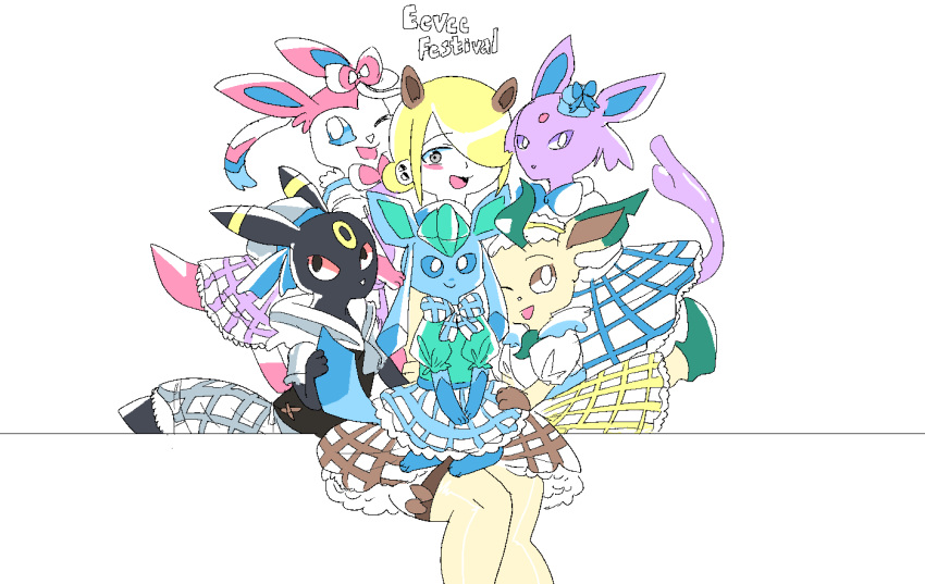 animal_ears bottomwear clothed clothing crossdressing eeveelution english_text espeon flat_colors generation_2_pokemon generation_4_pokemon generation_6_pokemon glaceon group holowear_(pokemon) human leafeon legwear male mammal microsoft_paint nintendo not_furry_focus pokemon pokemon_(species) pokemon_unite restricted_palette skirt sylveon tapirclip text thigh_highs umbreon volo_(pokemon)