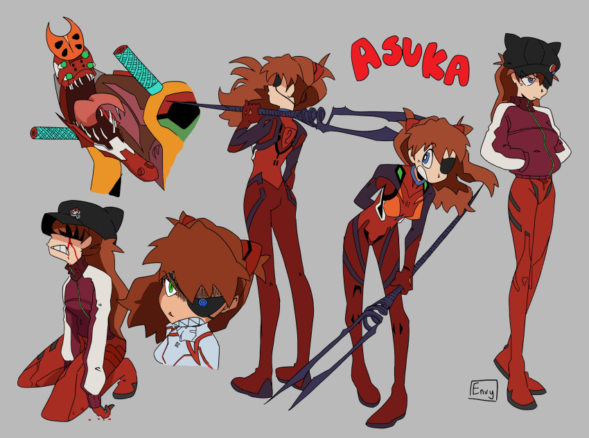 1girl :/ :o absurdres alternate_costume animal_hat ass beast_mode bident blue_eyes bodysuit bodysuit_under_clothes breasts brown_hair cat_hat character_name chimeraenvy clenched_teeth eva_02 evangelion:_3.0+1.0_thrice_upon_a_time evangelion:_3.0_you_can_(not)_redo evangelion_(mecha) extra_eyes floating_hair full_body green_eyes grey_background hair_between_eyes hat heavy_spear_(evangelion) highres holding holding_polearm holding_weapon injury interface_headset jacket lance_of_longinus_(evangelion) looking_at_viewer mecha medium_breasts multiple_views neon_genesis_evangelion official_alternate_costume open_mouth pilot_suit plugsuit polearm rebuild_of_evangelion red_bodysuit robot science_fiction shaded_face sharp_teeth souryuu_asuka_langley spear teeth tongue tongue_out track_jacket two_side_up weapon white_bodysuit