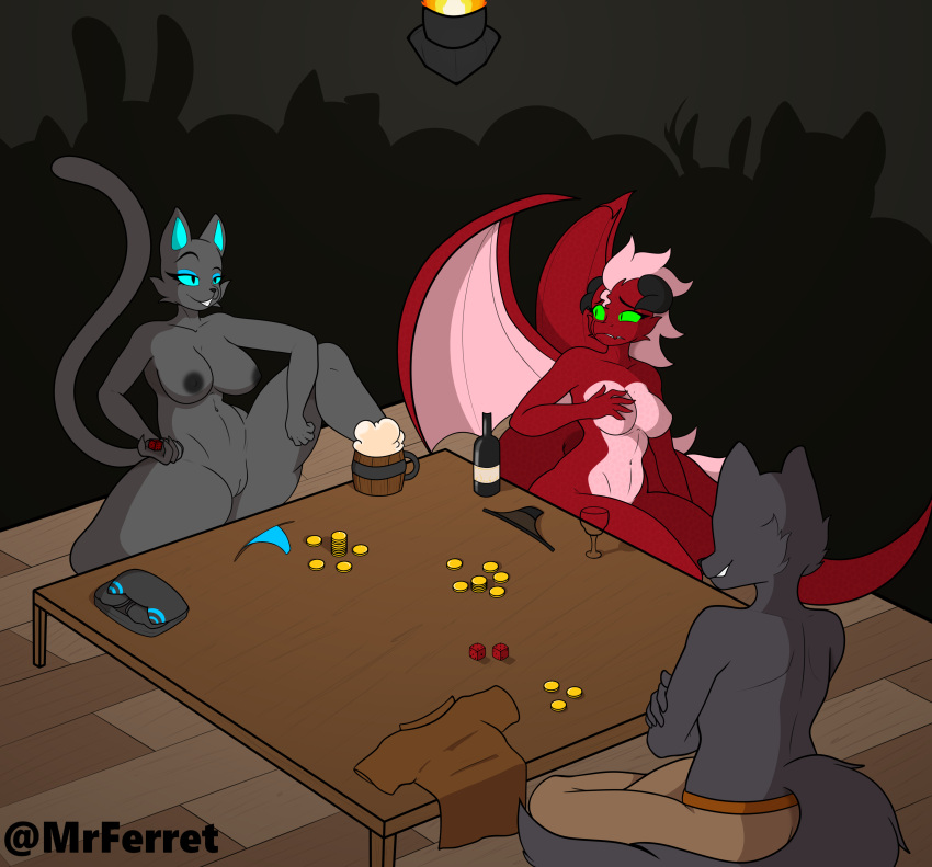 absurd_res alcohol anthro at'harka_(jackwolf) beverage black_body black_fur black_horn blue_eyes bottomwear breasts clothing coin covering covering_self crowd dice dragon duo elodrea_(jackwolf) embarrassed felid female fur furniture gambling genitals green_eyes group hand_on_breast hi_res horn mammal mrferret nipples nude pantherine panties pants pink_body pink_scales pussy red_body red_scales scales scalie silhouette spread_legs spreading strip_game table underwear wine wings