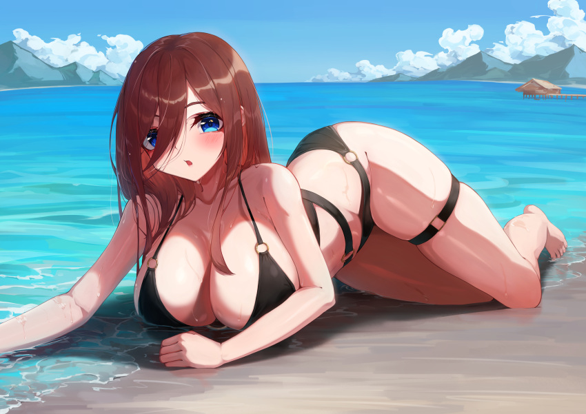 1girl absurdres arm_support barefoot beach bikini black_bikini blue_eyes blue_sky blush breasts brown_hair cleavage collarbone commentary_request curvy day eyebrows_hidden_by_hair eyelashes foreshortening go-toubun_no_hanayome hair_between_eyes hair_over_one_eye halterneck hand_out_of_frame highres hiyoku large_breasts legs long_hair looking_at_viewer lying nakano_miku o-ring o-ring_bikini o-ring_bottom o-ring_top ocean on_side open_mouth outdoors paid_reward_available skindentation sky solo swimsuit thigh_strap thighs wet