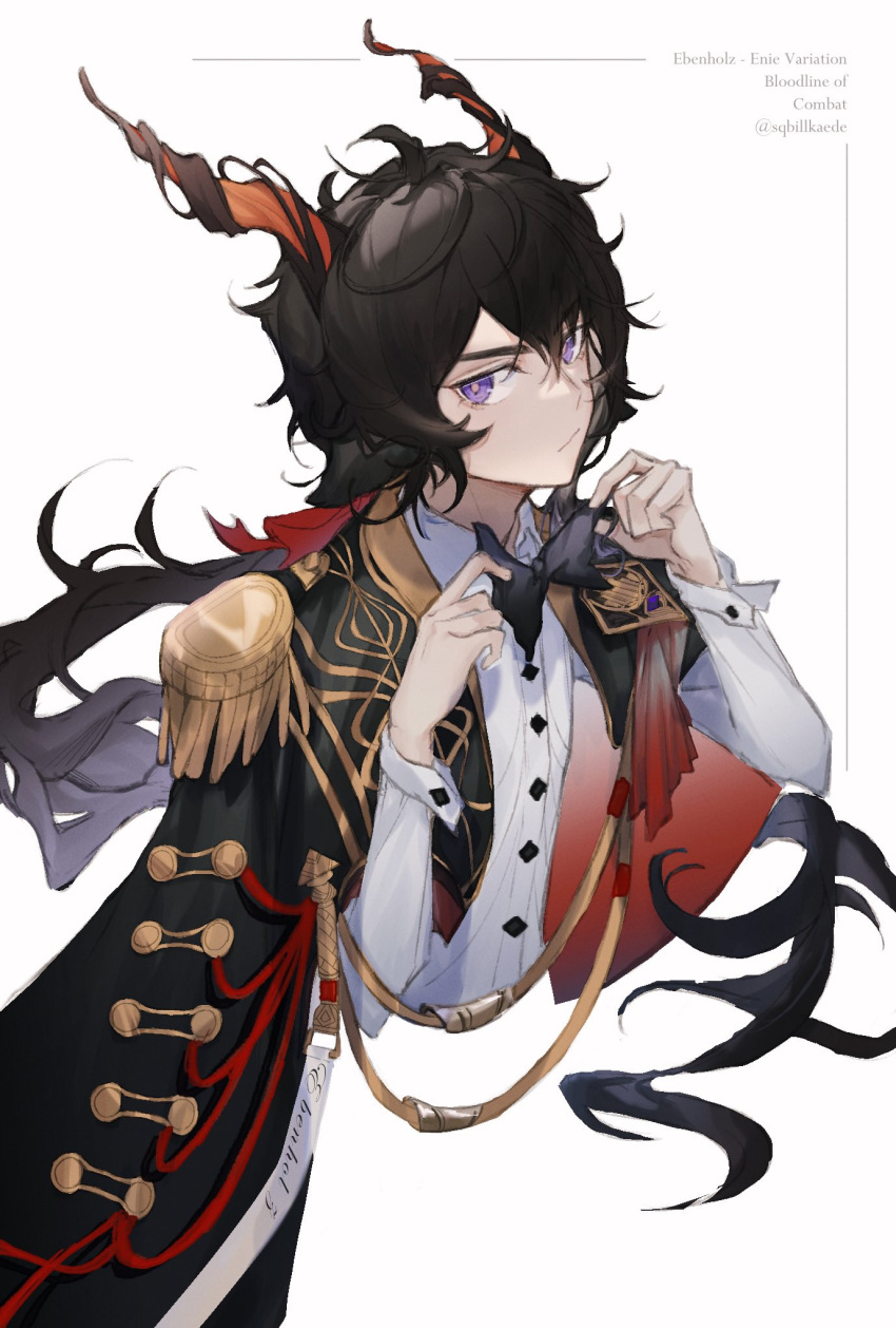 1boy adjusting_bowtie ahoge animal_ears arknights black_bow black_bowtie black_coat black_hair bow bowtie buttons character_name closed_mouth coat double-parted_bangs ebenholz_(arknights) ebenholz_(eine_variation)_(arknights) epaulettes goat_boy goat_ears goat_horns hair_between_eyes highres horns long_hair long_sleeves looking_at_viewer male_focus purple_eyes shirt short_hair simple_background solo sqbillfish twitter_username upper_body very_long_hair white_background white_shirt