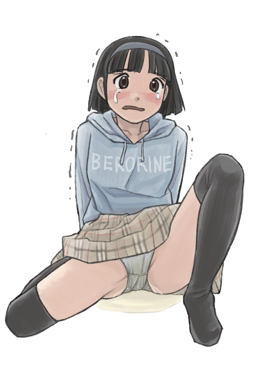1girl arms_behind_back black_hair black_thighhighs blue_hairband blue_sweater blunt_bangs blush brown_eyes clothes_writing collarbone commentary_request crying dia75 drawstring embarrassed flat_chest full_body grey_panties hairband highres hood hood_down hooded_sweater knee_up long_sleeves nose_blush open_mouth original panties pee peeing peeing_self puddle short_hair simple_background sitting solo spread_legs sweater tears thighhighs thighs trembling underwear wet wet_clothes wet_panties white_background