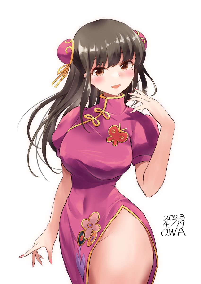 1girl alternate_breast_size alternate_costume artist_name black_hair blush breasts brown_eyes bun_cover china_dress chinese_clothes covered_navel cowboy_shot dated double_bun dress hair_bun hayashio_(kancolle) highres kantai_collection large_breasts long_hair looking_at_viewer mole mole_under_eye no_panties one-hour_drawing_challenge open_mouth owa_(ishtail) pelvic_curtain pink_dress puffy_short_sleeves puffy_sleeves short_sleeves side_slit simple_background smile solo white_background