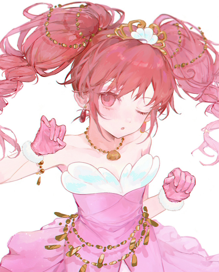1girl :o bare_shoulders clenched_hand crown dorannnn dress drill_hair earrings fine_(futagohime) fushigiboshi_no_futago_hime gloves highres jewelry long_hair looking_at_viewer necklace one_eye_closed pink_dress pink_eyes pink_gloves pink_hair simple_background solo white_background
