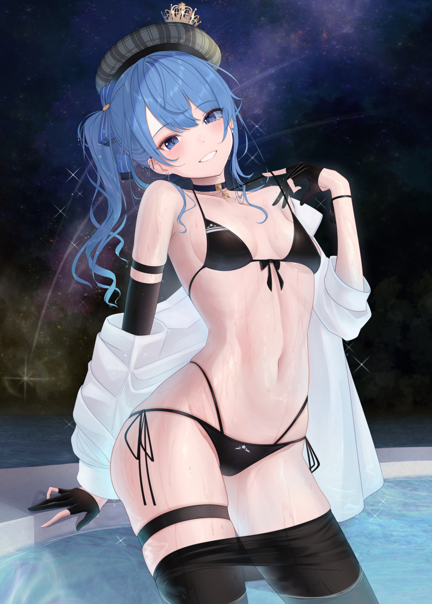 1girl absurdres barbell_piercing beret bikini black_bikini black_choker black_gloves black_pantyhose blue_eyes blue_hair breasts choker clothes_pull contrapposto crown ear_piercing gloves grin hat highres hololive hoshimachi_suisei industrial_piercing kachikachipiroo long_hair looking_at_viewer mini_crown navel pantyhose pantyhose_pull partially_fingerless_gloves piercing plaid_headwear shooting_star side-tie_bikini_bottom side_ponytail skindentation sky small_breasts smile solo star_(sky) star_(symbol) star_in_eye starry_sky stomach strap_pull swimsuit symbol_in_eye thigh_strap virtual_youtuber wading water wavy_hair wet