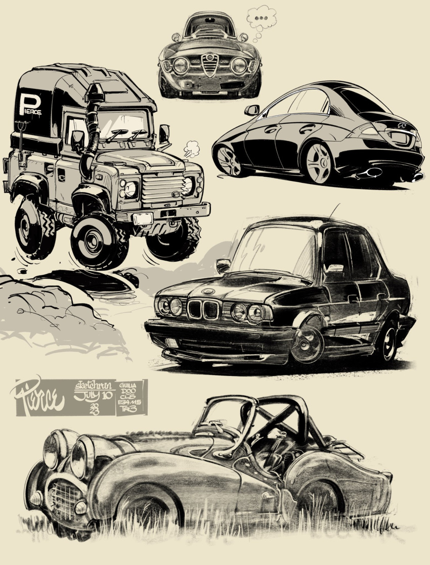 ... alfa_romeo alfa_romeo_giulia bmw bmw_m5 brown_background car chibi convertible dust english_commentary highres land_rover mercedes-benz mercedes-benz_cls motor_vehicle no_humans original sepia sports_utility_vehicle thought_bubble triumph_(car) triumph_tr3 vehicle_focus vehicle_name will_pierce