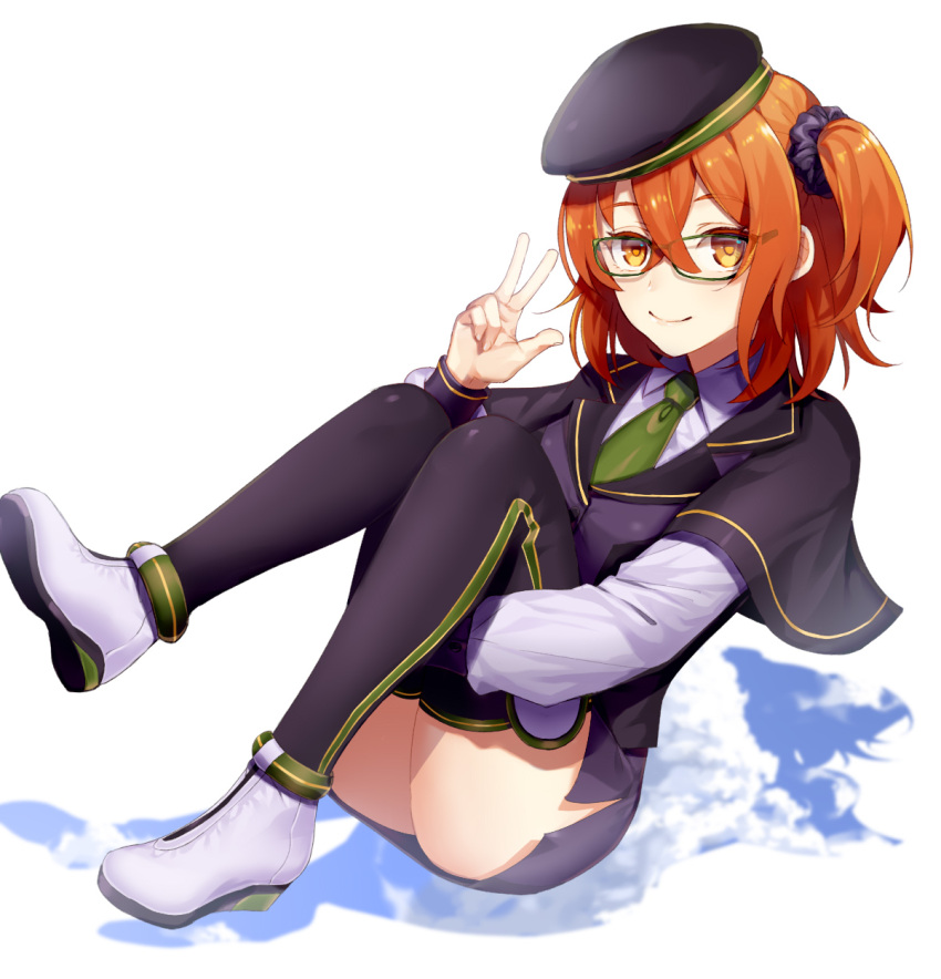 1girl atlas_academy_school_uniform black_capelet black_headwear black_jacket black_scrunchie black_thighhighs brown_eyes brown_hair capelet commentary_request fate/grand_order fate_(series) formal fujimaru_ritsuka_(female) full_body glasses green-framed_eyewear green_necktie hair_between_eyes hair_ornament hair_scrunchie hat highres hugging_own_legs jacket long_sleeves looking_at_viewer miniskirt necktie one_side_up pencil_skirt purple_skirt school_uniform scrunchie shirt side_slit simple_background skirt solo thighhighs tsugumi_(4979659) w white_background white_footwear white_shirt