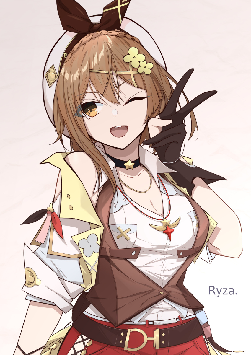 1girl ;d absurdres arm_at_side atelier_(series) atelier_ryza atelier_ryza_1 bare_shoulders belt black_choker black_gloves braid breasts brown_hair brown_vest character_name choker cleavage collarbone dot_nose gloves hair_between_eyes hair_ornament hand_up hat highres long_hair looking_at_viewer medium_breasts mutsu_aya off_shoulder one_eye_closed partially_fingerless_gloves reisalin_stout simple_background smile solo teeth upper_body upper_teeth_only v vest white_background x_hair_ornament yellow_eyes