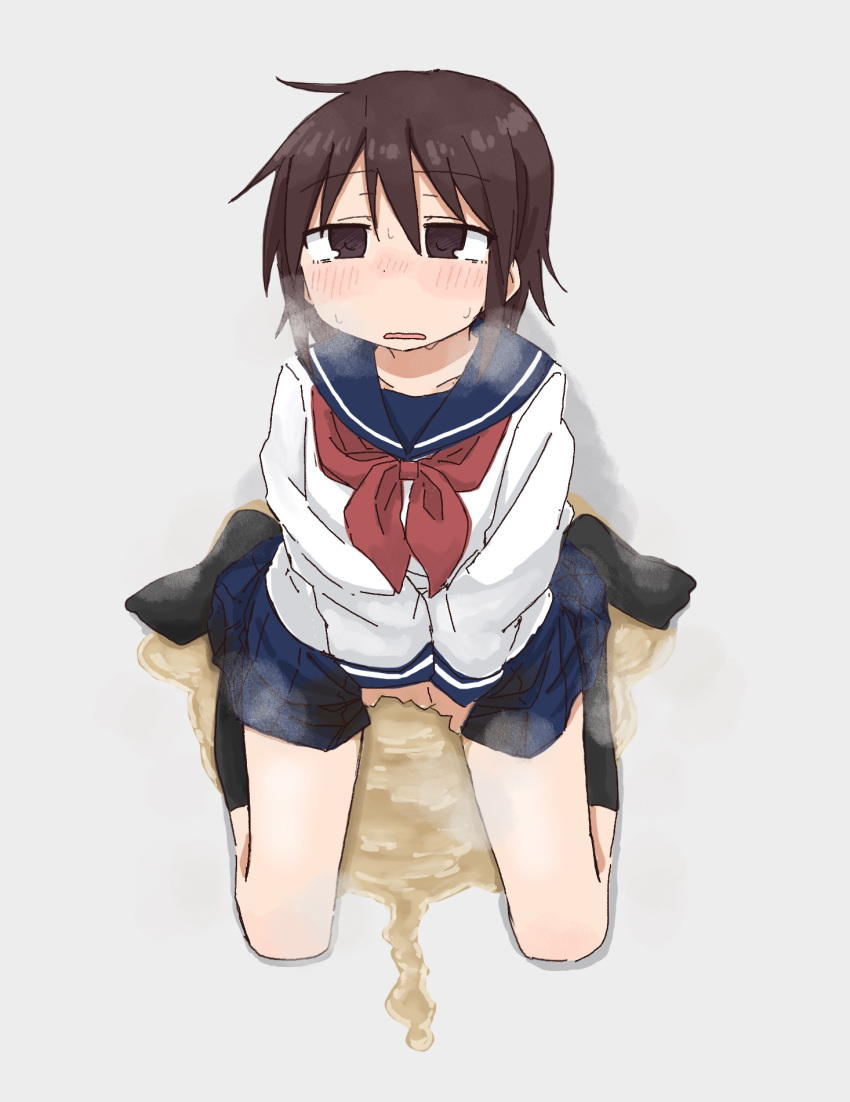 1girl between_legs black_socks blue_sailor_collar blue_skirt blush breath brown_eyes brown_hair commentary_request flat_chest from_above full_body grey_background hair_between_eyes half-closed_eyes hand_between_legs highres kneehighs long_sleeves miniskirt neckerchief no_shoes nose_blush open_mouth original own_hands_together pee peeing peeing_self pleated_skirt ponnu_(tnpn2yw) puddle red_neckerchief sailor_collar school_uniform serafuku shirt short_hair sidelocks simple_background sitting skirt socks solo steam thighs v_arms wariza wet wet_clothes wet_skirt white_shirt
