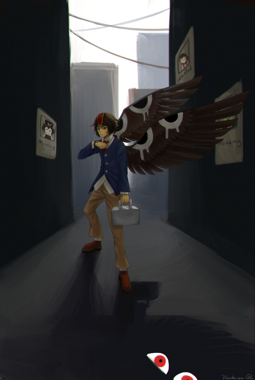 1other alley androgynous asteris-kitsy blue_jacket briefcase brown_footwear brown_hair brown_pants brown_wings chromatic_aberration closed_mouth collared_shirt commentary english_commentary enraku_tsubakura feathered_wings film_grain headpiece highres holding holding_briefcase houlen_yabusame jacket kokutenshi_hibaru kuzu_suzumi len'en long_sleeves missing_poster necktie other_focus outdoors pants red_eyes red_headwear red_necktie shirt short_hair socks solo watch white_shirt white_socks wings wristwatch