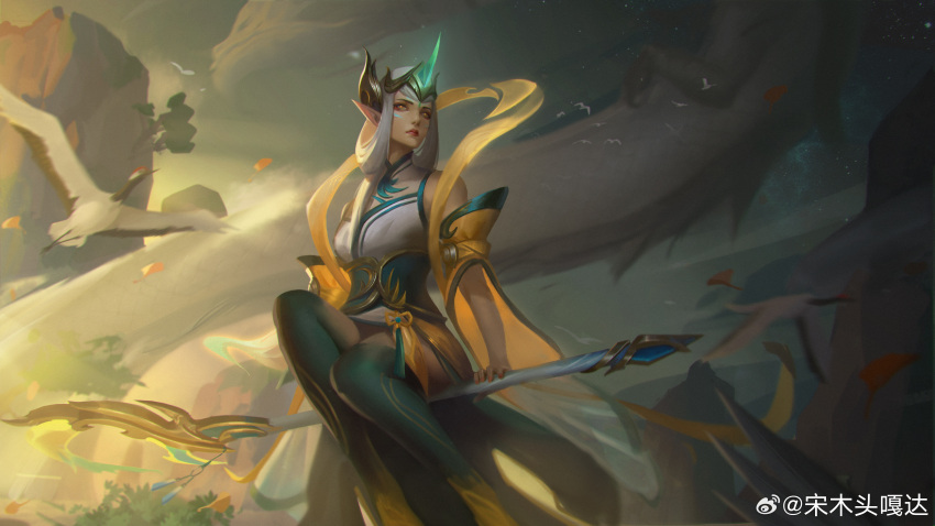 1girl absurdres artist_name bird bush closed_mouth cloud cloudy_sky detached_sleeves dragon eastern_dragon facial_mark facial_tattoo fingernails forehead_mark green_horns hair_ornament highres horns immortal_journey_soraka league_of_legends long_hair looking_to_the_side nail_polish official_alternate_costume official_alternate_hairstyle outdoors pigubu pointy_ears red_nails rock single_horn sitting sky solo soraka_(league_of_legends) tattoo white_hair wide_sleeves yellow_eyes