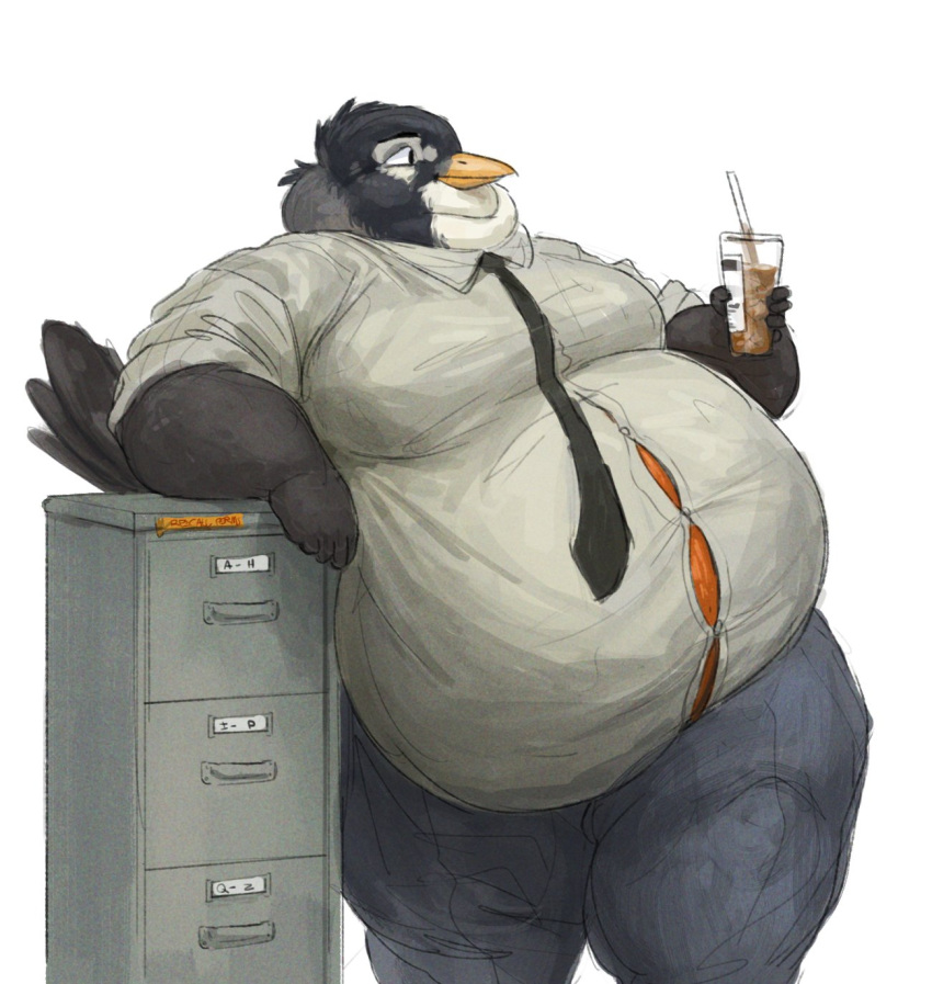 2021 anthro avian belly beverage big_belly bird bottomwear cabinet cettus clothed clothing container cup disposable_cup drawer dress_shirt feathers filing_cabinet grey_body grey_feathers hi_res holding_beverage holding_object leaning leaning_on_object male necktie obese obese_anthro obese_male office orange_belly oscine overweight overweight_anthro overweight_male pants passerine robin_(bird) shirt simple_background solo standing straw topwear white_background