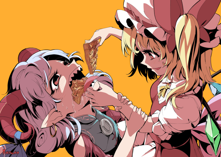 2girls apple_pie eating feeding fifiruu flandre_scarlet food force-feeding multiple_girls pie scared tearing_up tongue tongue_out touhou toutetsu_yuuma yellow_background