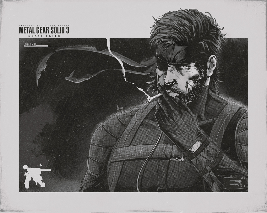 1boy beard big_boss cigarette eyepatch facial_hair gloves greyscale holding holding_cigarette jhony_caballero looking_at_viewer metal_gear_(series) metal_gear_solid_3:_snake_eater monochrome naked_snake rain smoking