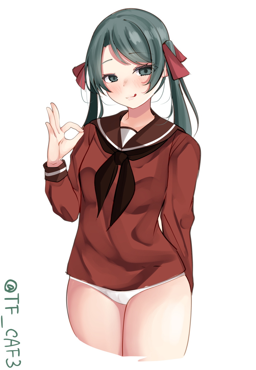 1girl black_neckerchief blush cowboy_shot cropped_legs green_eyes green_hair highres kantai_collection licking_lips long_hair long_sleeves looking_at_viewer mikuma_(kancolle) neckerchief one-hour_drawing_challenge panties red_shirt sailor_collar sexually_suggestive shirt simple_background solo tf_cafe tongue tongue_out twintails twitter_username underwear white_background white_panties