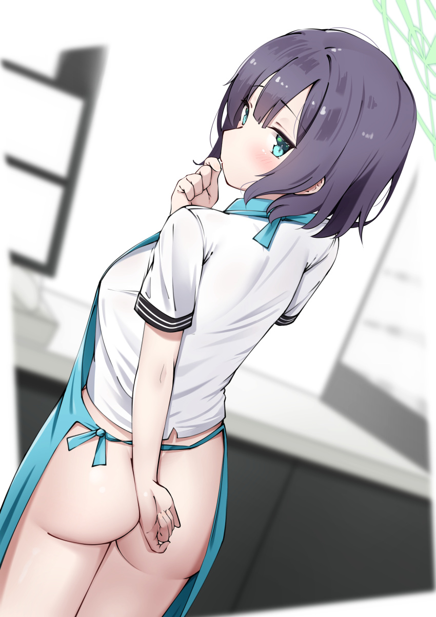 1girl absurdres angel's_24_uniform_(blue_archive) apron arm_behind_back ass blue_apron blue_archive blush bottomless breasts highres indoors komasi looking_at_viewer looking_back medium_breasts official_alternate_costume saki_(blue_archive) saki_(lawson)_(blue_archive) shirt short_sleeves solo white_shirt