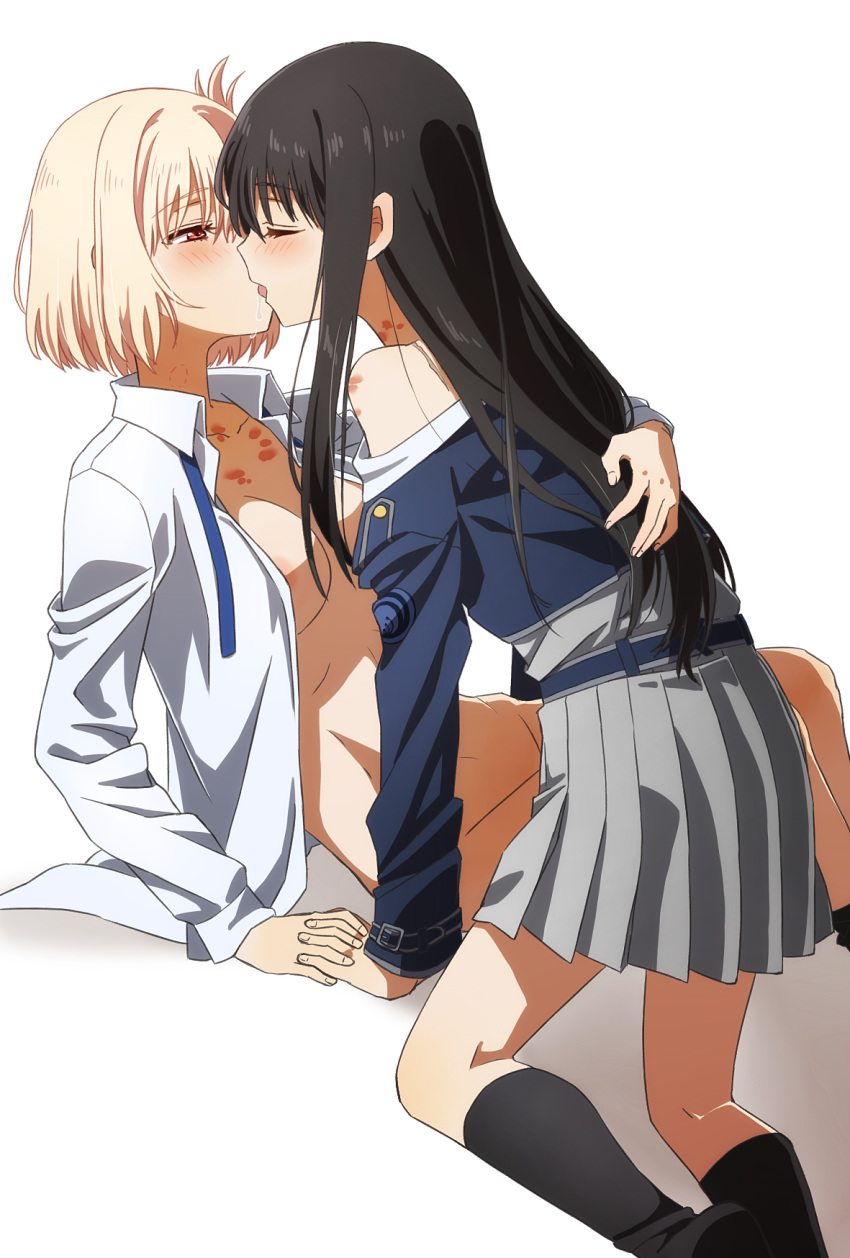 2girls areola_slip black_hair blonde_hair blue_jacket blush breasts closed_eyes collarbone collared_shirt dress_shirt grey_skirt hickey highres inoue_takina jacket kiss kneehighs long_hair long_sleeves lycoris_recoil medium_breasts multiple_girls nishikigi_chisato off_shoulder oiun open_clothes pleated_skirt red_eyes shirt short_hair skirt socks thighs white_shirt yuri