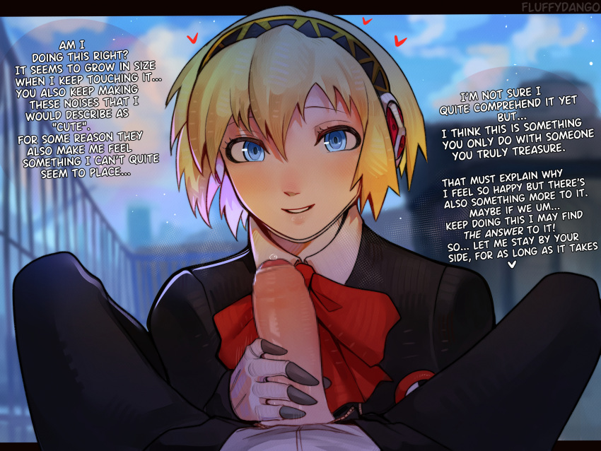 1boy 1girl aegis_(persona) android blonde_hair blue_eyes colored_inner_hair fluffydango foreskin grin hair_between_eyes handjob headphones heart highres joints looking_at_viewer medium_hair multicolored_hair neckerchief penis persona persona_3 phimosis pink_hair pov precum ribbon robot_joints rooftop school school_uniform sky smile yuuki_makoto