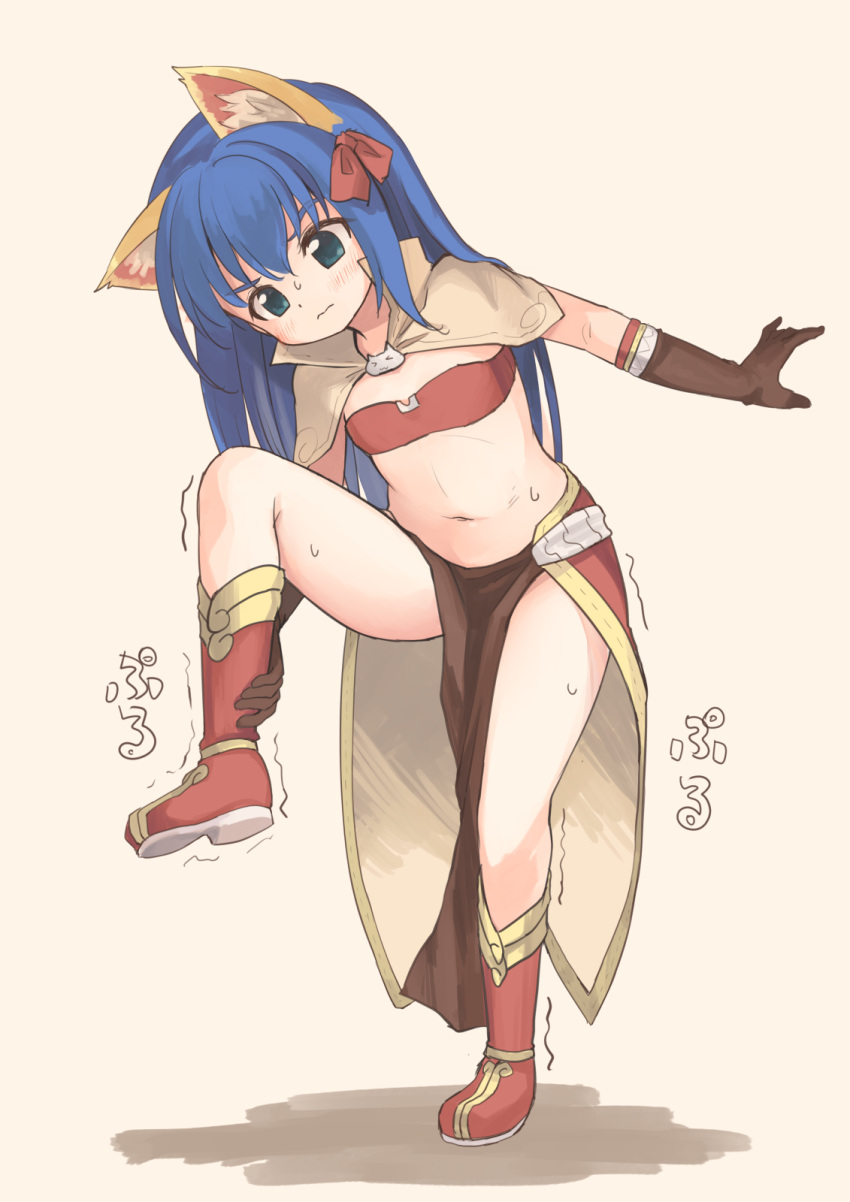 1girl animal_ear_fluff animal_ears bikini bikini_top_only blue_hair blush boots bow brown_capelet brown_gloves capelet cat_brooch cat_ears closed_mouth commentary_request elbow_gloves emurin flat_chest full_body gloves green_eyes hair_bow highres long_hair looking_down mage_(ragnarok_online) majiko_(emurin) medium_bangs midriff navel pelvic_curtain ragnarok_online red_bikini red_bow red_footwear red_skirt simple_background skirt solo split standing standing_on_one_leg standing_split sweat swimsuit trembling wavy_mouth