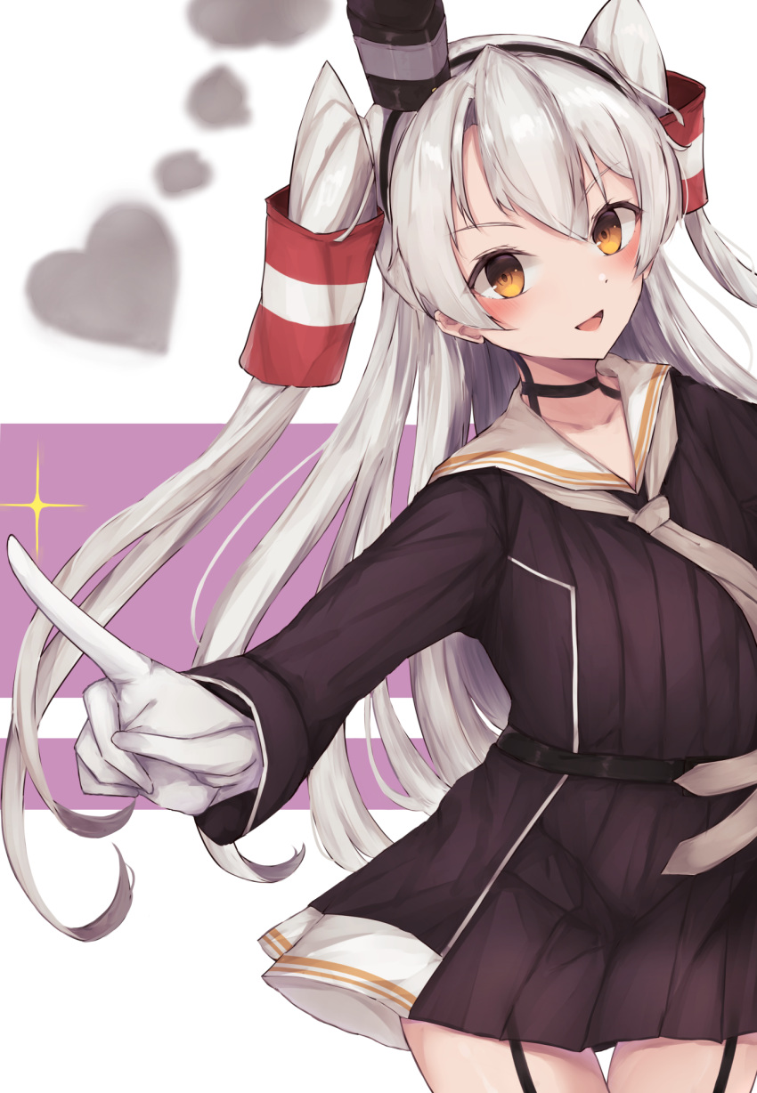 1girl amatsukaze_(kancolle) amatsukaze_kai_ni_(kancolle) black_dress blush brown_eyes collarbone cowboy_shot dress gloves grey_hair hair_between_eyes hair_tubes highres kantai_collection kyawadayooo long_hair long_sleeves open_mouth sailor_collar sailor_dress smile solo two_side_up white_gloves white_sailor_collar