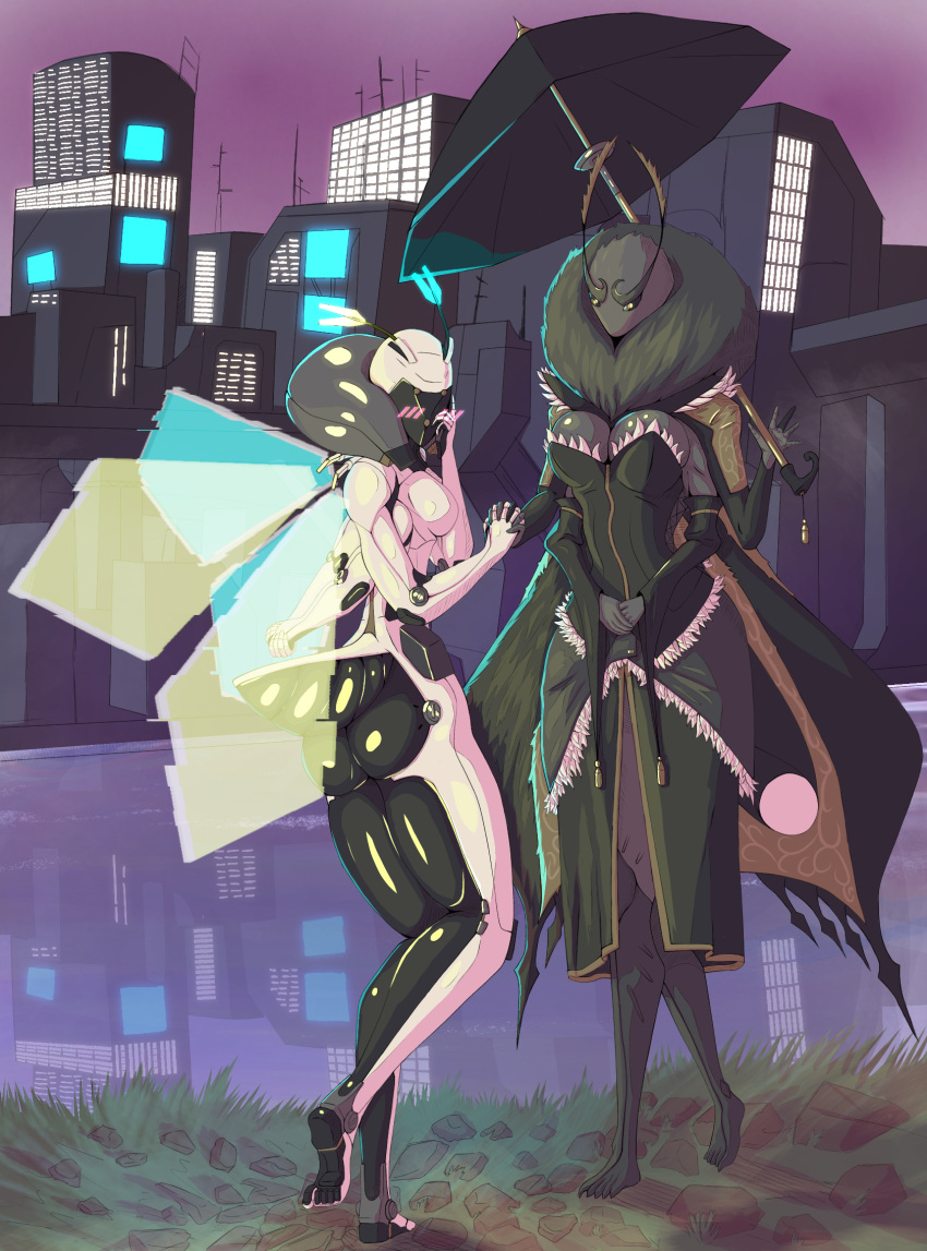 android antennae_(anatomy) armwear arthropod arthropod_abdomen barefoot big_breasts black_sclera blush breasts city city_background cleavage clothed clothing corset duo featureless_breasts feet female goth grey_body hand_holding hand_on_head hands_behind_back hi_res hologram hologram_wings insect larger_female lepidopteran lingerie machine moth multi_limb neck_tuft permaclot robot size_difference topwear tuft umbrella white_body wings yellow_eyes
