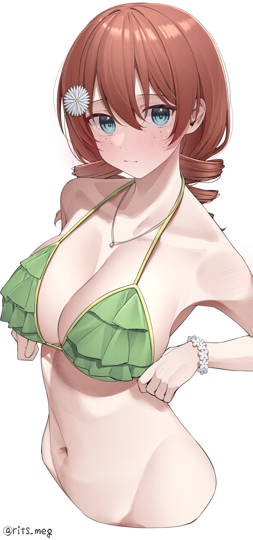 1girl absurdres aqua_eyes bikini blush breasts brown_hair closed_mouth cropped_torso drill_hair emma_verde flower flower_bracelet freckles frilled_bikini frills green_bikini hair_flower hair_ornament highres jewelry kawai_ritsu_(rits_meg) large_breasts love_live! love_live!_nijigasaki_high_school_idol_club navel pendant simple_background solo stomach swimsuit twin_drills white_background