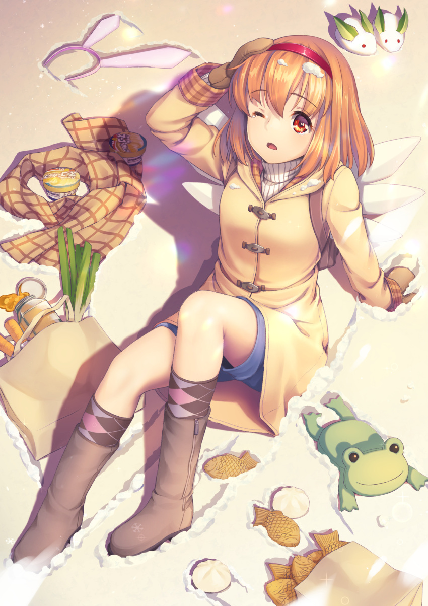 1girl angel_wings animal_ears arm_support backpack bag baozi blue_shorts boots brown_bag brown_footwear brown_gloves brown_hair brown_scarf coat commentary cup_ramen drop_shadow dutch_angle eyelashes fake_animal_ears food from_above frown full_body gloves hairband hand_on_own_head hand_up highres hood hood_down jam kanon keropii knees_up long_sleeves looking_at_viewer lying medium_hair mittens nyan_c on_back one_eye_closed open_mouth plaid plaid_scarf rabbit_ears red_eyes red_hairband scarf scarf_removed shorts snow snow_on_head snow_rabbit solo spring_onion straight_hair taiyaki tears tsukimiya_ayu wagashi white_wings wings winter yellow_coat