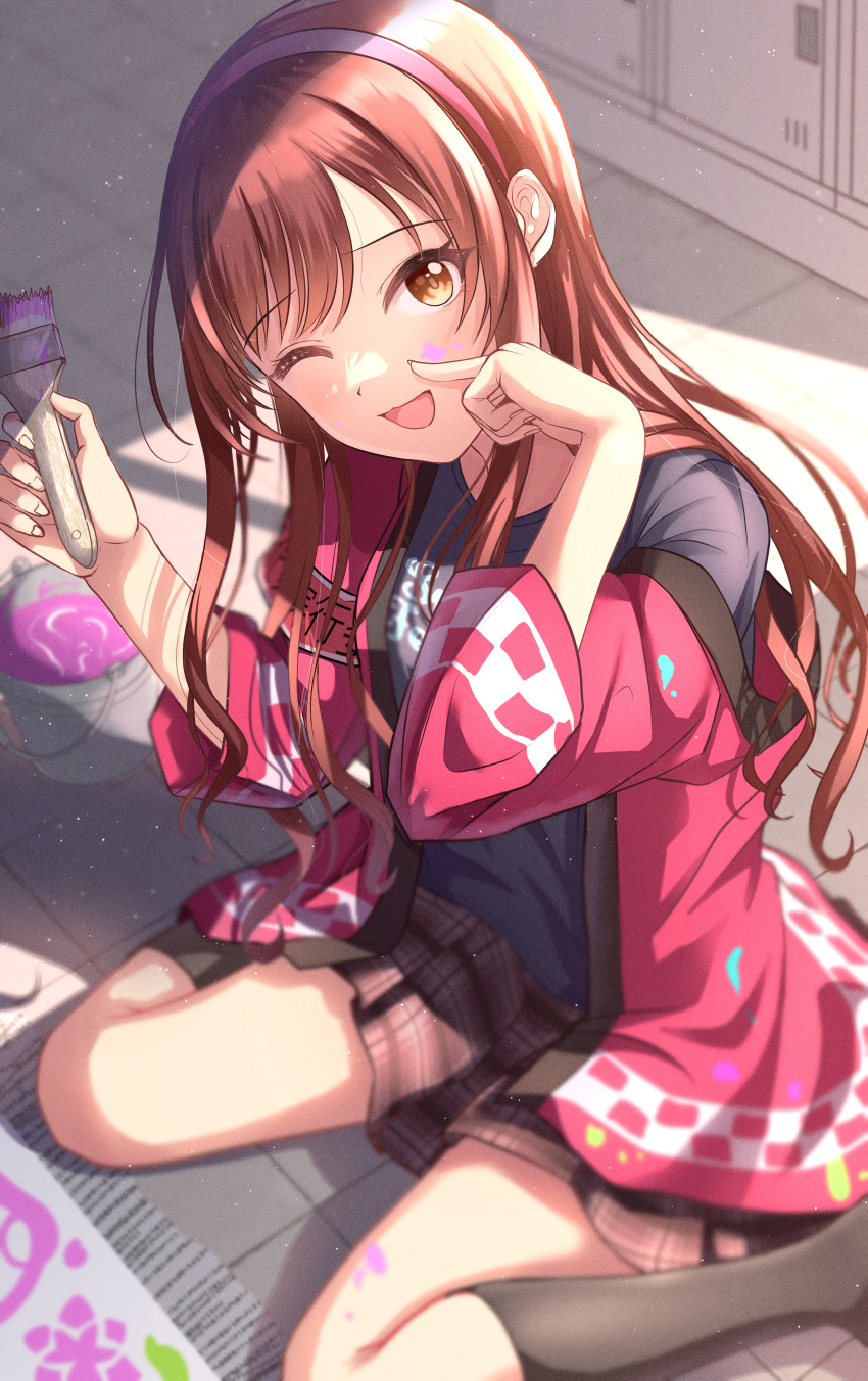 1girl absurdres art_brush black_socks blush brown_skirt citrusmikan from_above hairband hand_to_own_face hand_up happi highres holding holding_brush holding_paintbrush idolmaster idolmaster_shiny_colors index_finger_raised japanese_clothes kneehighs long_hair long_sleeves looking_at_viewer one_eye_closed open_mouth osaki_amana paint paint_can paint_on_clothes paint_splatter paint_splatter_on_face paintbrush pink_hairband plaid plaid_skirt pleated_skirt red_hair shirt sitting skirt smile socks solo swept_bangs wariza yellow_eyes