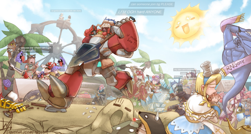 +_+ 5girls 6+boys arch_bishop_(ragnarok_online) armor beach belt bikini black_coat black_gloves black_hair blazer blonde_hair blue_dress blue_hair blue_sky boots breastplate brown_belt brown_gloves brown_necktie brown_pants can can_on_head cape cigarette clam closed_eyes closed_mouth cloud coat coconut coconut_tree commentary cross crystal dark_skin day detached_sleeves dialogue_box dress elbow_gloves english_commentary english_text ferris_wheel fingerless_gloves flower flying_sweatdrops frilled_bikini frilled_dress frilled_sleeves frills full_body fur_collar galapago_(ragnarok_online) galapagos_penguin gameplay_mechanics gauntlets genetic_(ragnarok_online) genie gloves goggles goggles_on_head green_scarf green_shirt guillotine_cross_(ragnarok_online) hat hat_flower headgear highres holding holding_shovel horizon jacket jejeling leg_armor long_hair long_sleeves looking_at_another mecha mechanic_(ragnarok_online) medium_bangs multiple_boys multiple_girls necktie octopus official_alternate_costume open_mouth outdoors palm_tree panicking pants pauldrons poring pouch praying pun purple_hair radenwa rafflesia_(ragnarok_online) ragnarok_online ranger_(ragnarok_online) red_armor red_cape red_flower red_hair red_shirt robot rock royal_guard_(ragnarok_online) rune_knight_(ragnarok_online) running scarf screaming shadow_chaser_(ragnarok_online) sharp_teeth shellfish_(ragnarok_online) shirt short_hair shoulder_armor shovel signature sky sleeper_(ragnarok_online) sleeveless sleeveless_shirt slime_(creature) smile sorcerer_(ragnarok_online) stapo sun sun_hat sunglasses sura_(ragnarok_online) swimsuit tabard teeth tree two-tone_dress warlock_(ragnarok_online) white_bikini white_dress white_footwear white_headwear white_jacket white_sleeves