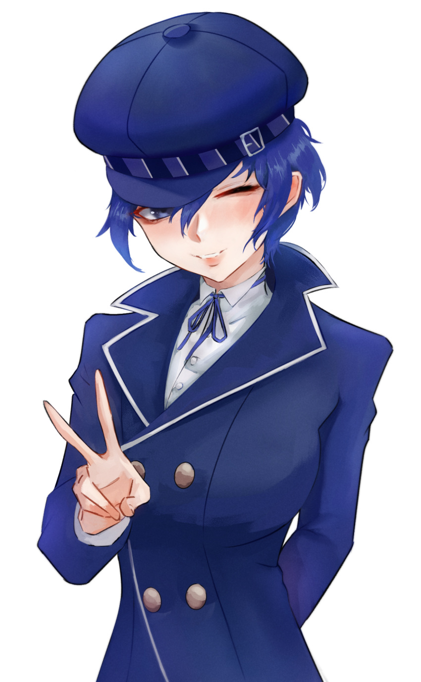 1girl arm_behind_back blue_eyes blue_hair blue_headwear blue_jacket blue_ribbon breasts buttons cabbie_hat collared_shirt commentary double-breasted eyelashes hand_up hat highres jacket large_breasts long_sleeves looking_at_viewer n7grey neck_ribbon one_eye_closed parted_lips persona persona_4 ribbon romaji_commentary shirogane_naoto shirt short_hair simple_background solo upper_body v white_background white_shirt