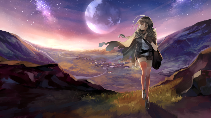 1girl absurdres asymmetrical_sleeves belt braid cloak dusk full_moon gloves highres long_hair moon mountain orange_thighhighs red_nails road scenery single_glove sky solo star_(sky) starry_sky tadatsu thighhighs torn_cloak torn_clothes town vocaloid walking white_footwear yuezheng_ling