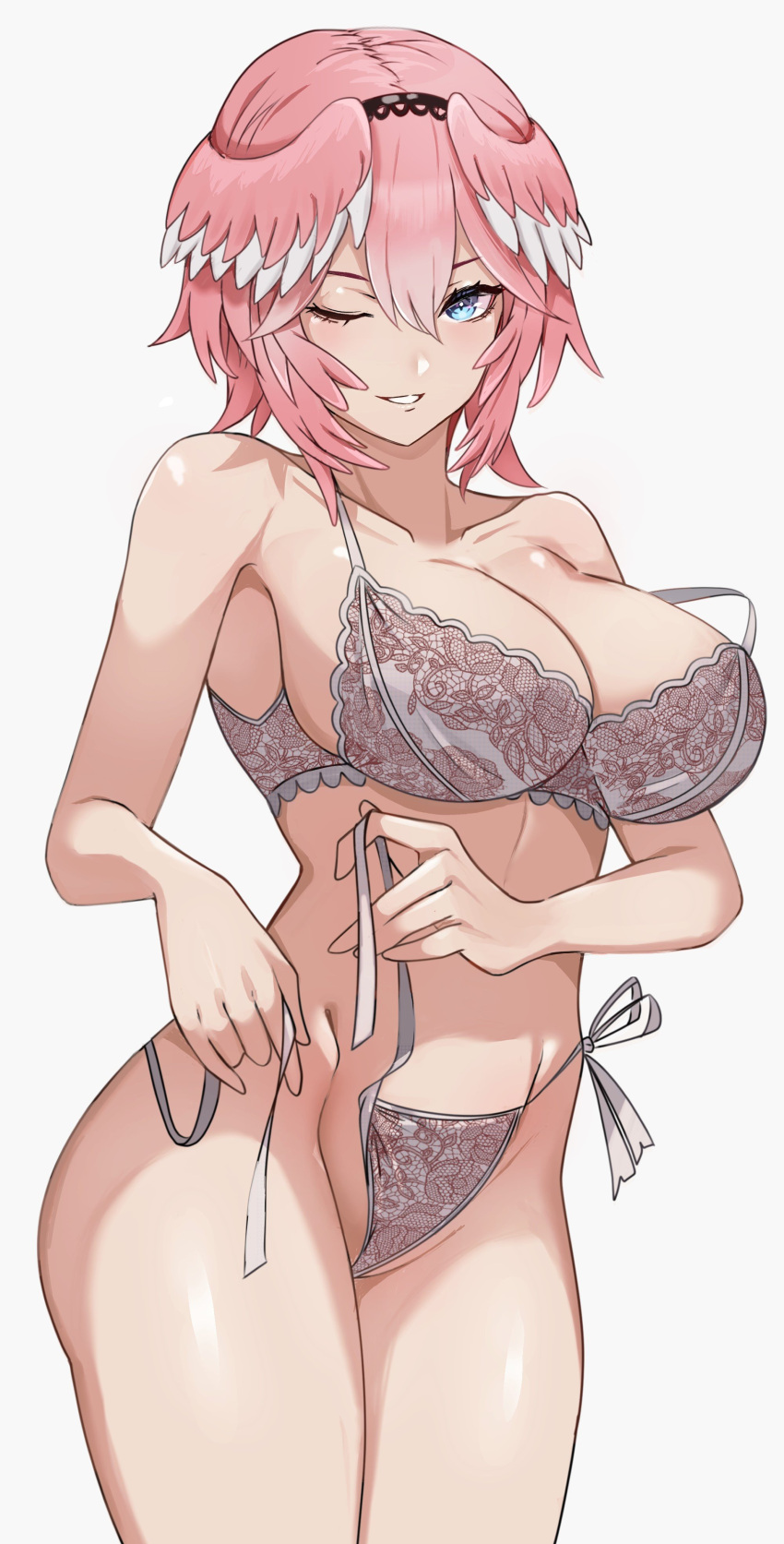 1girl absurdres bare_shoulders black_hairband blue_eyes bra breasts collarbone commentary_request cowboy_shot grey_bra grin groin hairband head_wings highres hololive large_breasts looking_at_viewer one_eye_closed panties pink_hair short_hair simple_background smile solo strap_slip takane_lui thighs tomo0843 underwear undressing untying virtual_youtuber white_background white_panties wings
