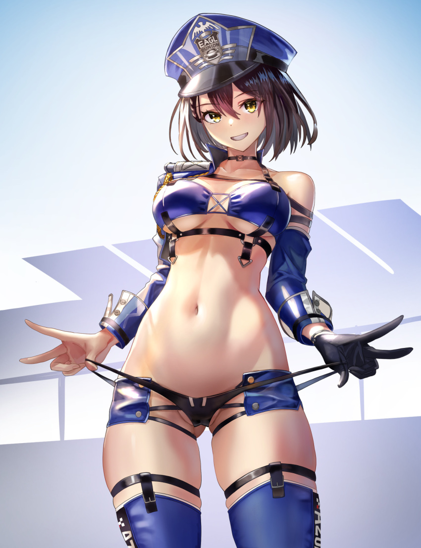 1girl ass_visible_through_thighs azur_lane baltimore_(azur_lane) baltimore_(finish_line_flagbearer)_(azur_lane) bikini bikini_bottom_pull black_bikini black_choker blue_bikini blue_footwear blue_headwear blue_jacket blue_shorts boots braid breasts brown_hair chest_harness choker cleavage clothes_writing collarbone commentary_request cowboy_shot cropped_jacket detached_sleeves double_v french_braid gloves grin groin hair_between_eyes harness hat highres iitsumonemu jacket looking_at_viewer medium_breasts micro_shorts mismatched_bikini navel official_alternate_costume open_clothes open_jacket partial_commentary peaked_cap pulled_by_self race_queen short_hair shorts sidelocks single_bare_shoulder single_detached_sleeve single_glove single_sleeve skindentation smile solo standing stomach swimsuit teeth thigh_boots v yellow_eyes