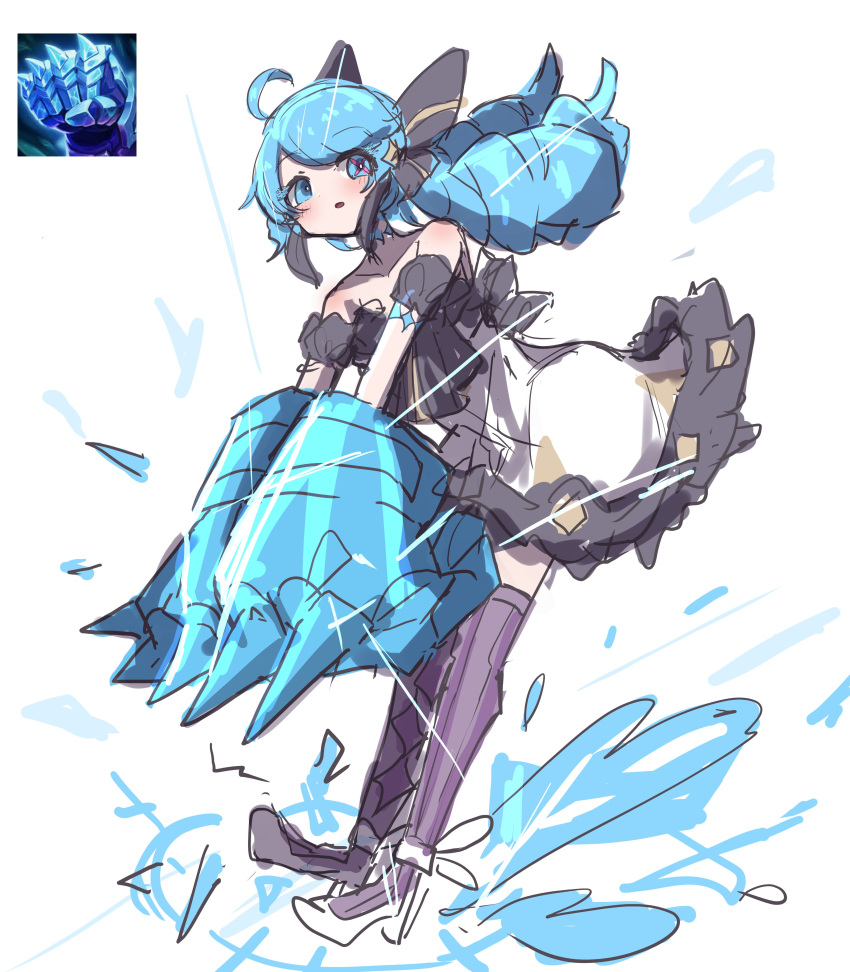 1girl :o absurdres ahoge bare_shoulders black_bow black_dress bow collarbone detached_sleeves dress drill_hair frilled_dress frills full_body green_background green_eyes green_hair gwen_(league_of_legends) hair_bow highres iceborn_gauntlet league_of_legends low_twintails monakan_japan puffy_short_sleeves puffy_sleeves purple_thighhighs short_sleeves simple_background sketch solo spiked_gauntlets thighhighs twin_drills twintails white_background white_dress white_footwear